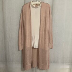 LOFT S Peach Pink Gold Metallic Lurex Long Sleeve Knit Cardigan Duster